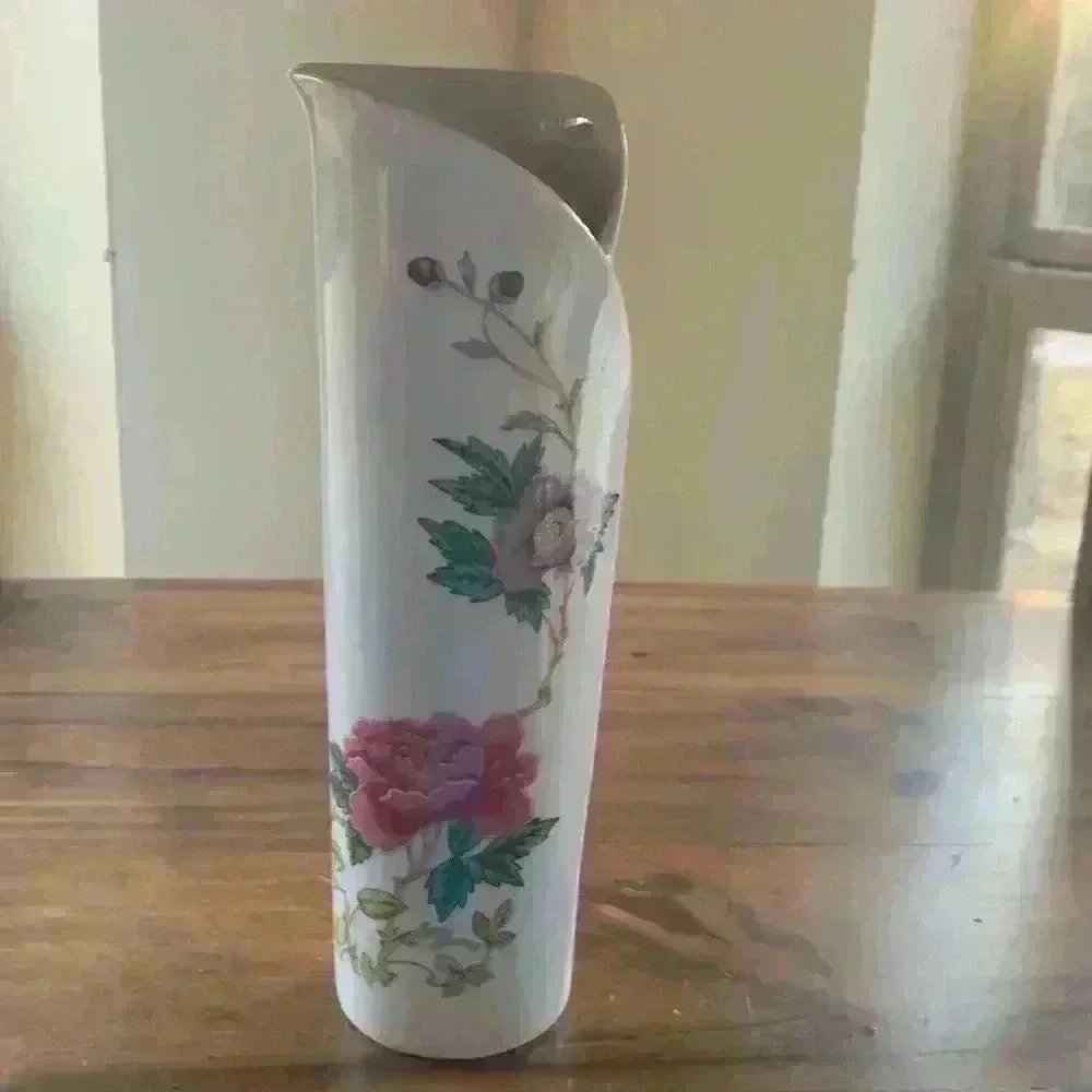 Vtg Takahashi 1980's Ceramic Vase Made In Japan Pink Orange & Yellow Flowers